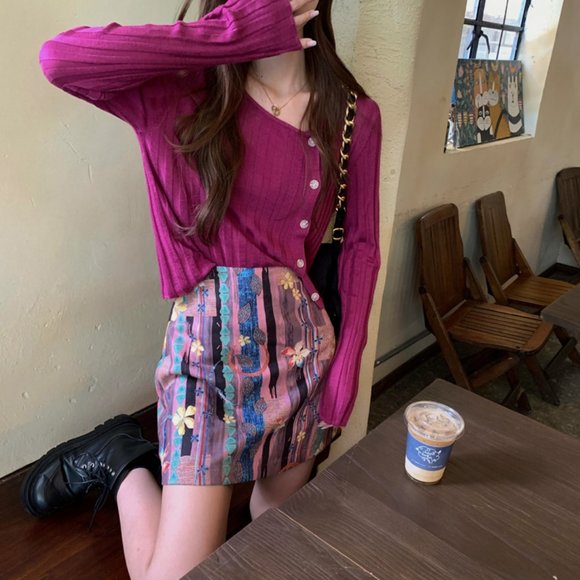 high-waisted multi-color printed a-line mini skirt - Picture 1 of 2